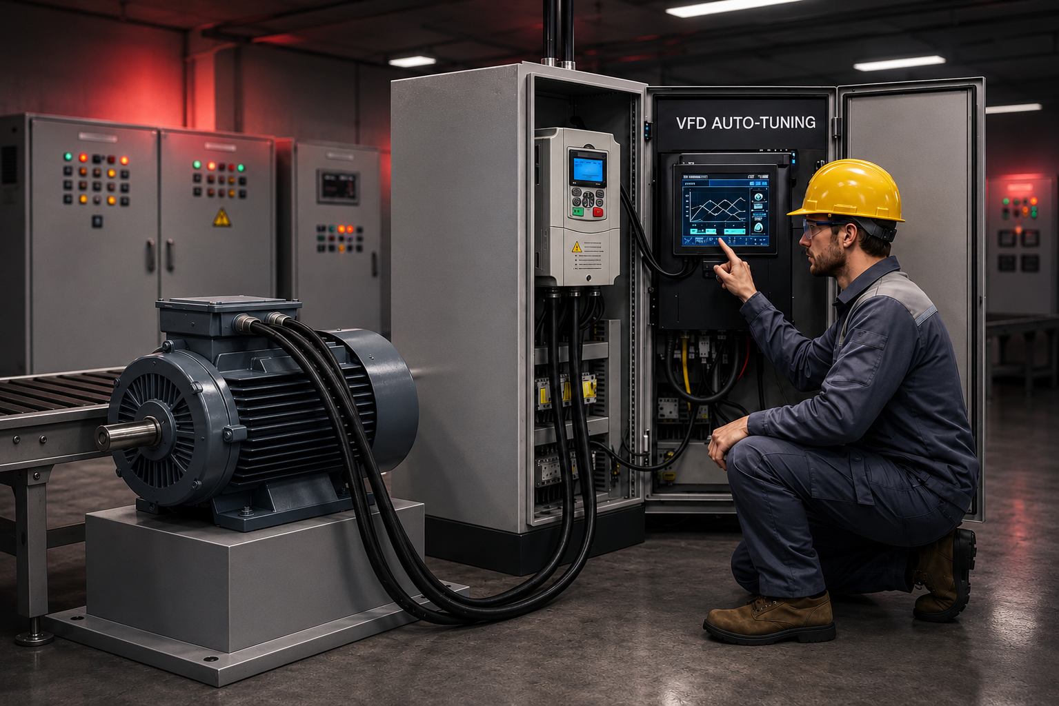 Technician servicing a VFD drive cabinet