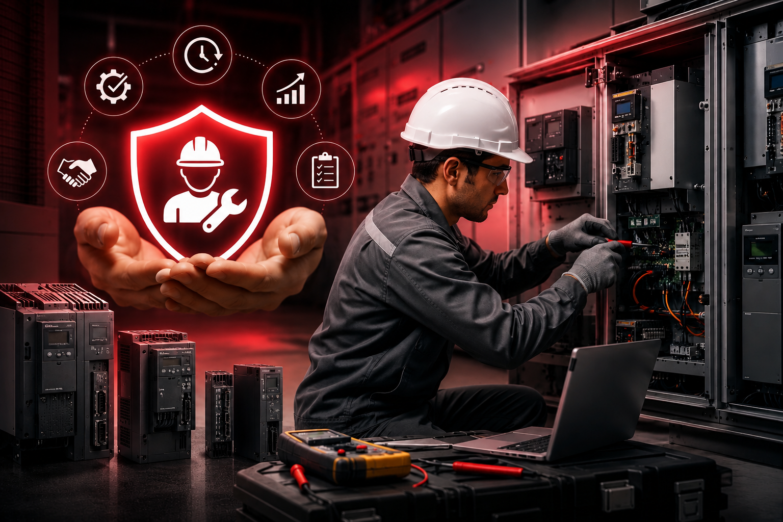 Technician performing scheduled maintenance on industrial equipment